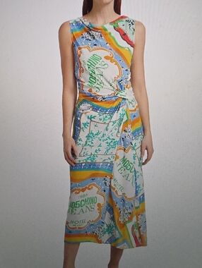 Moschino Jeans Scarf-Print Twist Front Midi Dress Size 36 $795